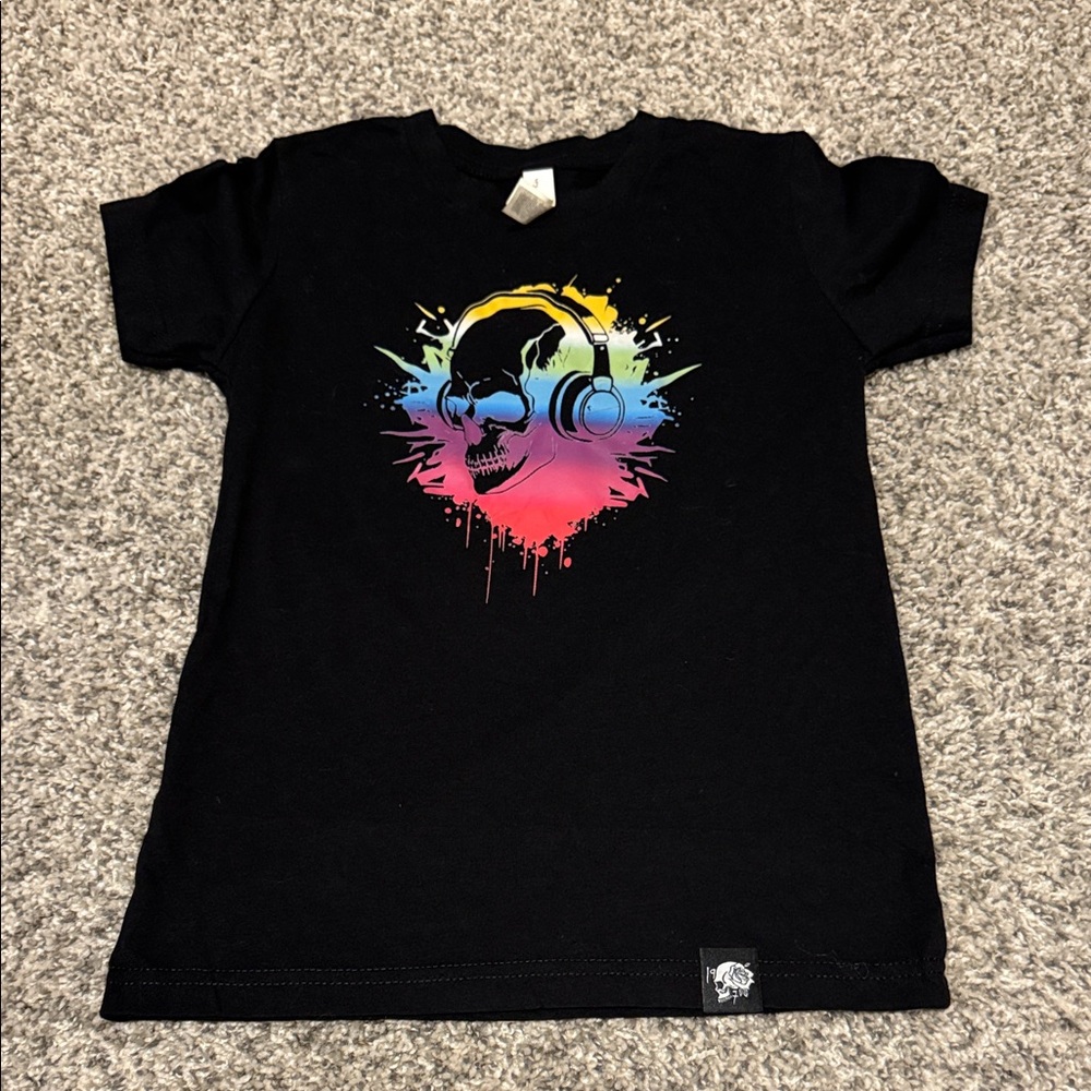 Kids Black Graphic Skull Headphones Tee